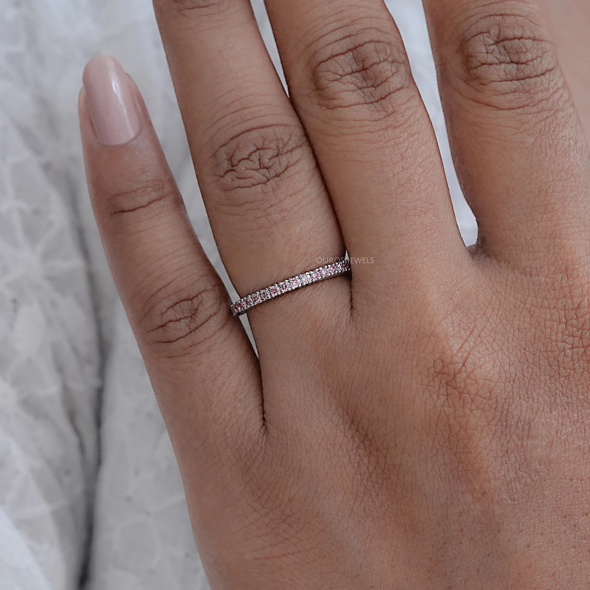 Pink Round Cut Lab Grown Diamond Half Eternity Band Ring