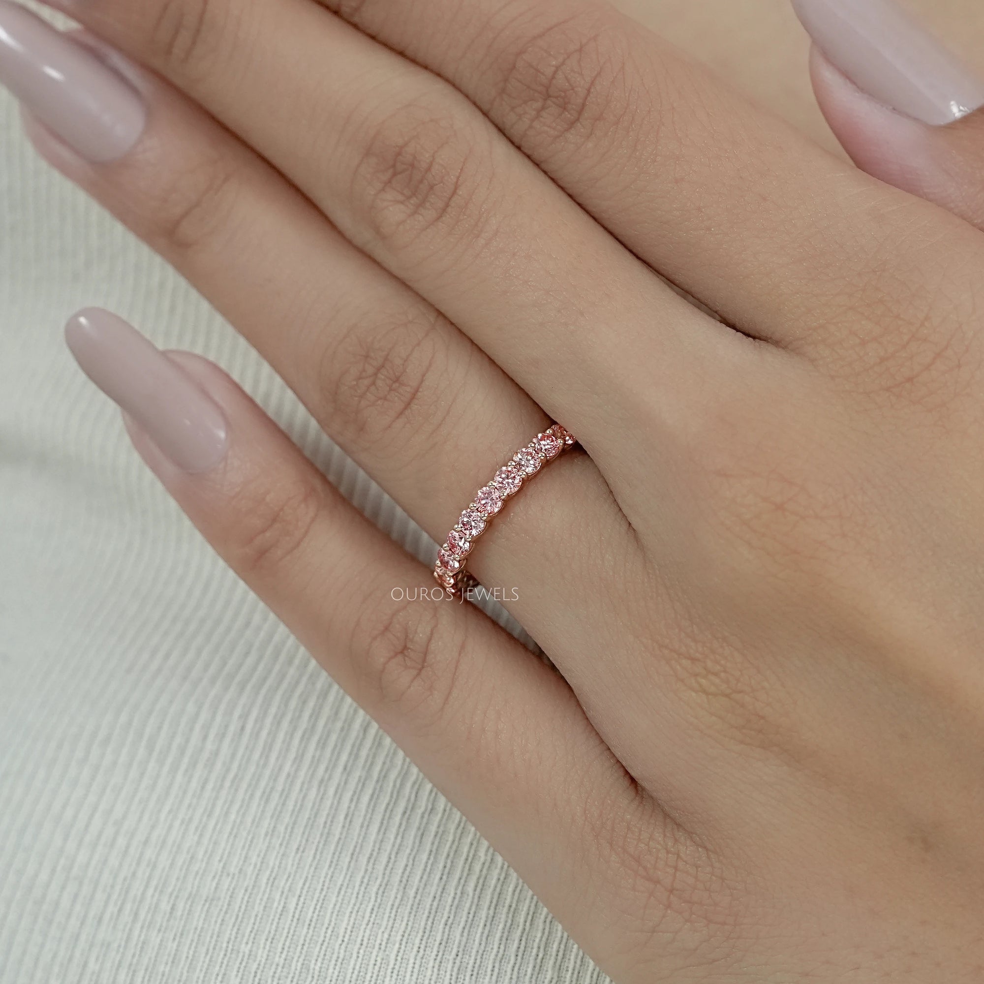 Pink Round Cut Lab Grown Diamond Half Eternity Wedding Ring