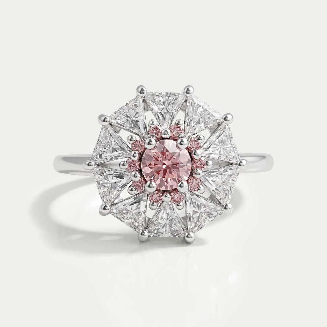 Pink Round Cut Halo Triangle Engagement Ring Rings