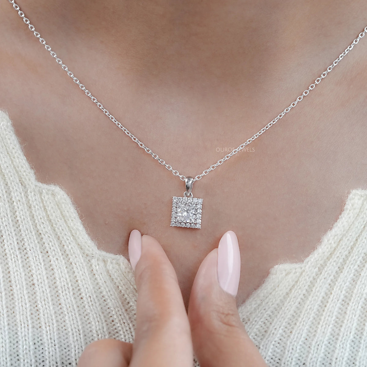 Princess Cut Lab Diamond Halo Pendant Necklaces