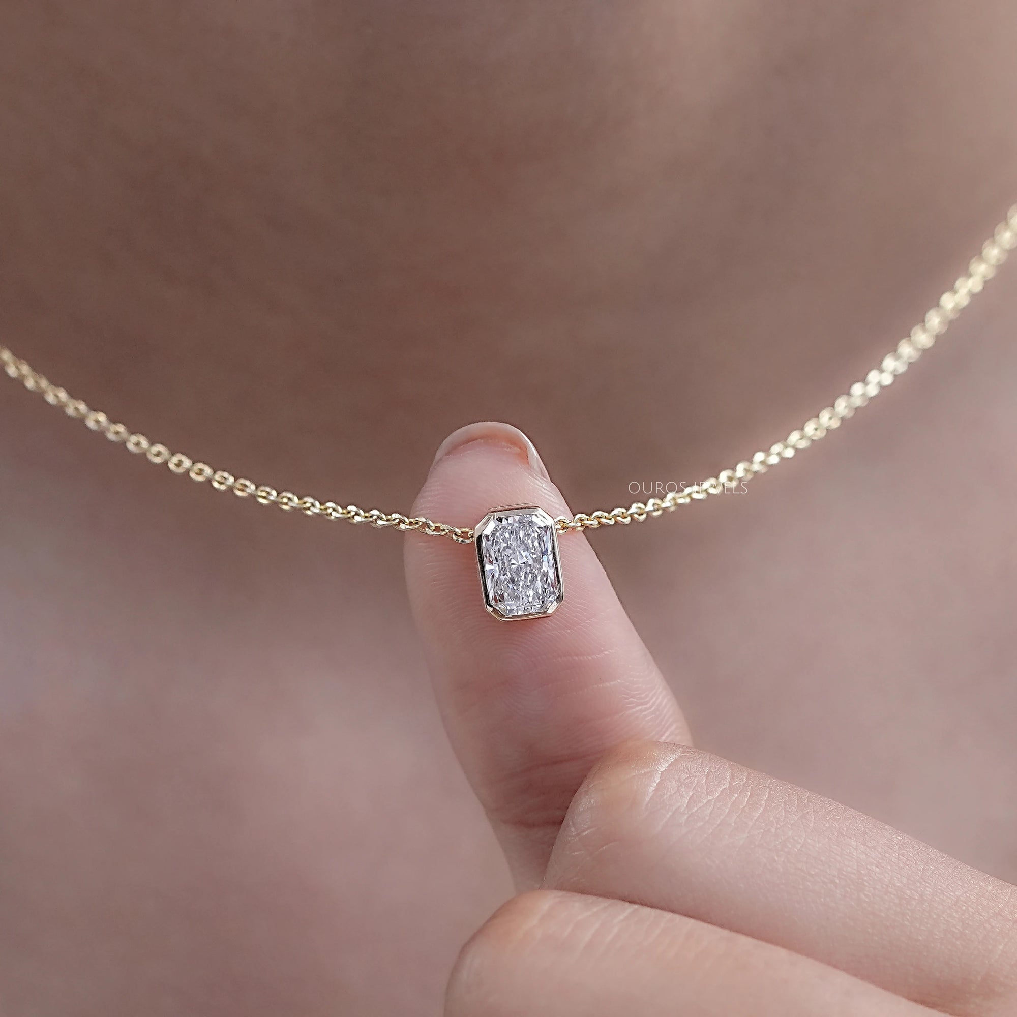 Bezel Radiant Lab Grown Diamond Solitaire Pendant Necklaces