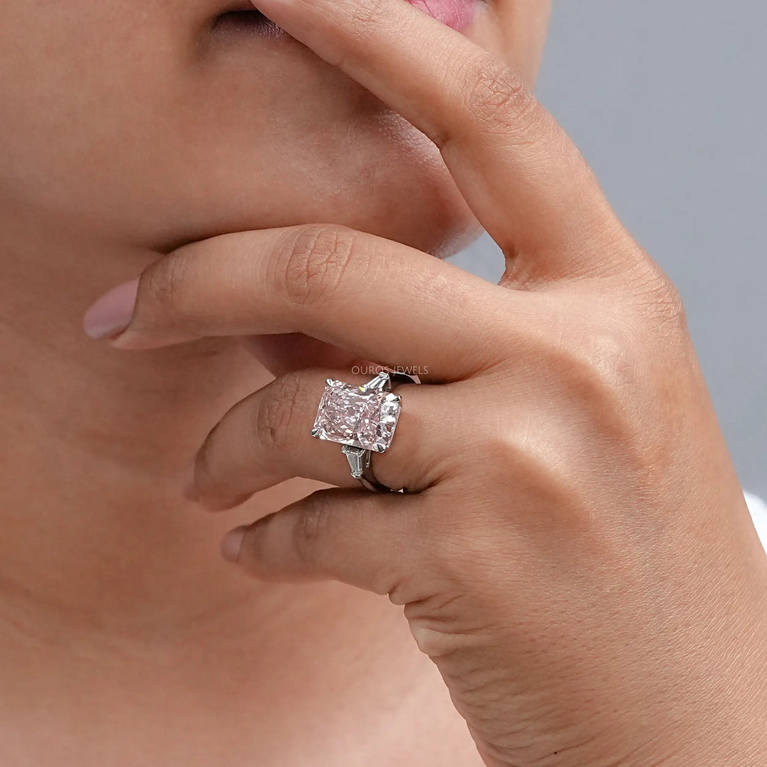 Pink Radiant Cut Lab Diamond Three Stone Ring Ring