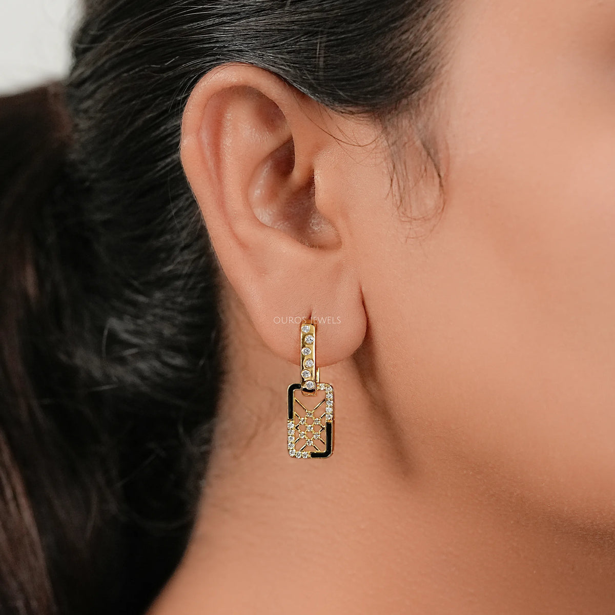 Reactangle Shape Round Diamond Dangle Earrings