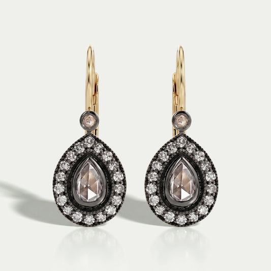 Rose Cut Pear Halo Diamond Dangle Earrings