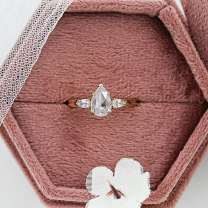 Three Stone Rose Cut Pear Diamond Engagement Ring