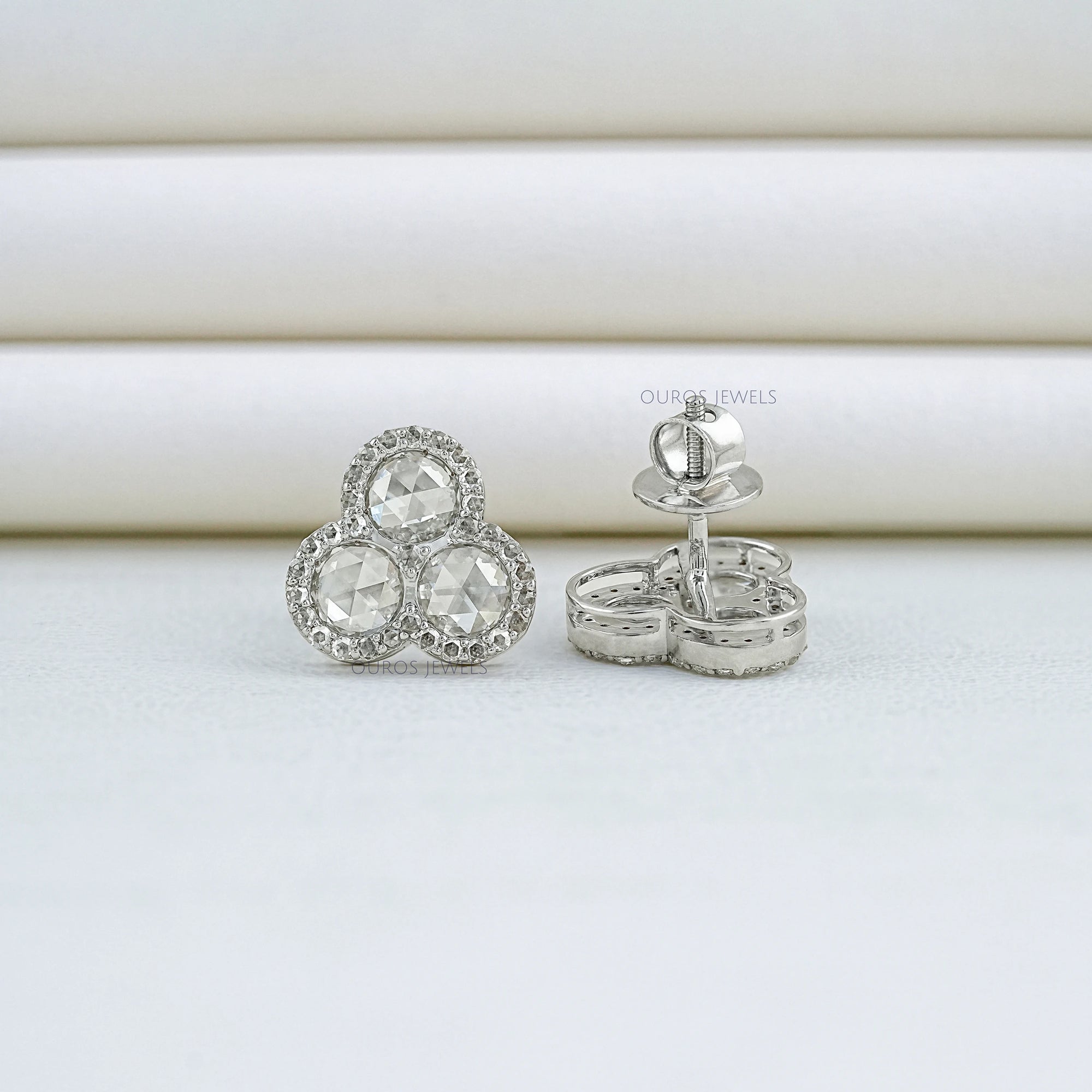 Trio Rose Cut Round Diamond Halo Stud Earrings Earring