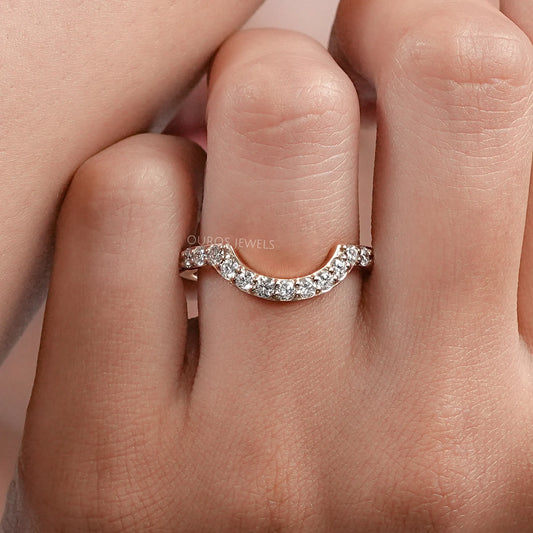 Pave Set Round Cut Diamond Deep Curved Wedding Band Rings