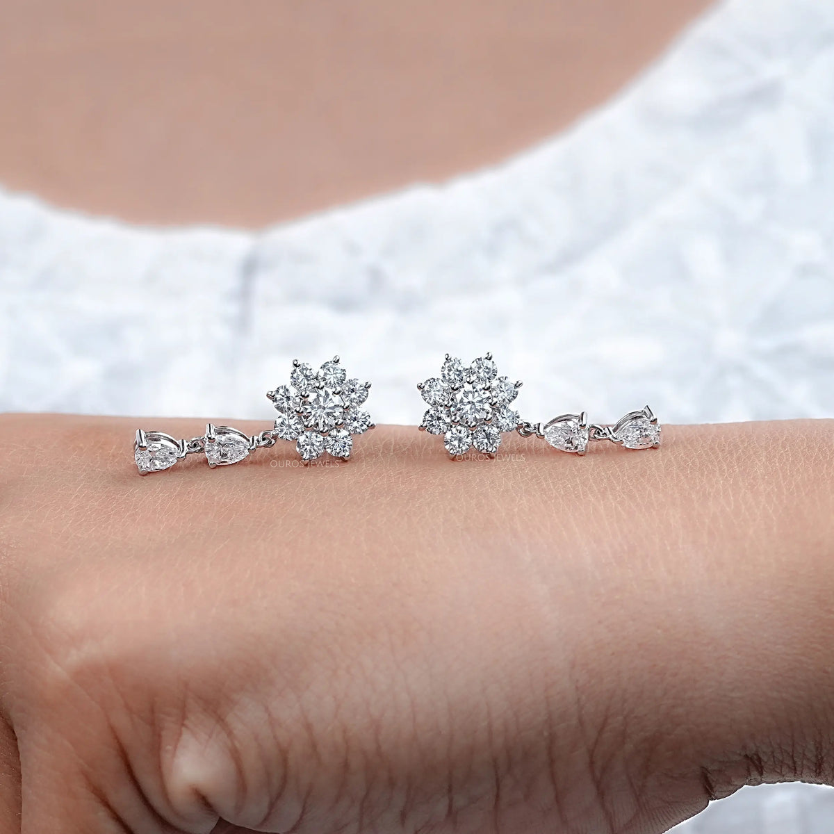 Round Diamond Halo Flower Drop Earrings Earrings