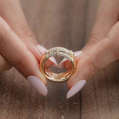 Double Row Connecter Round Lab Diamond Wedding Band Rings