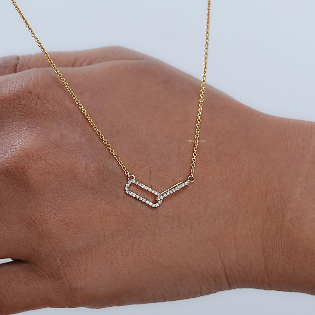 Open Rectangle Round Diamond Paperclip Pendant Necklaces