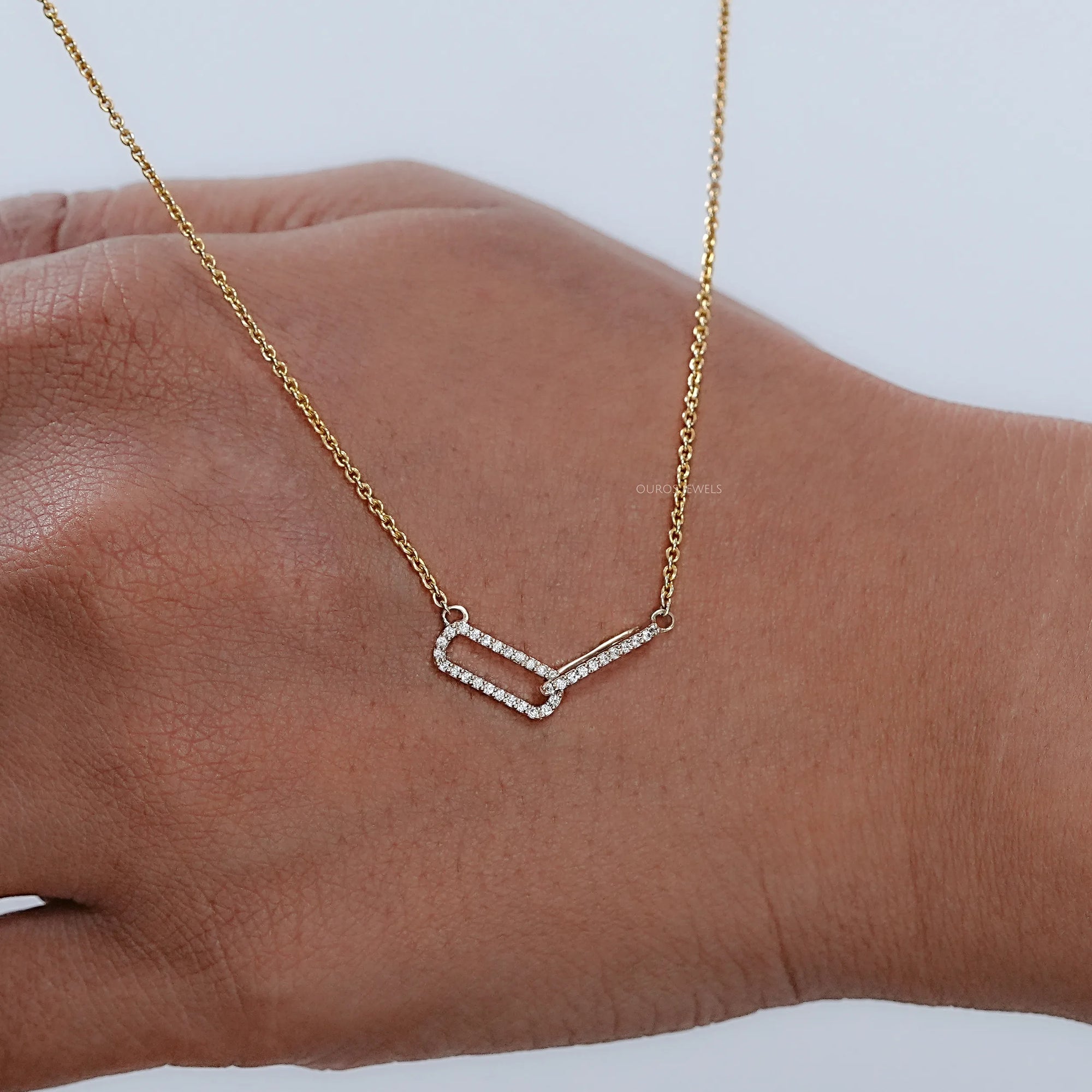 Open Rectangle Round Diamond Paperclip Pendant Necklaces