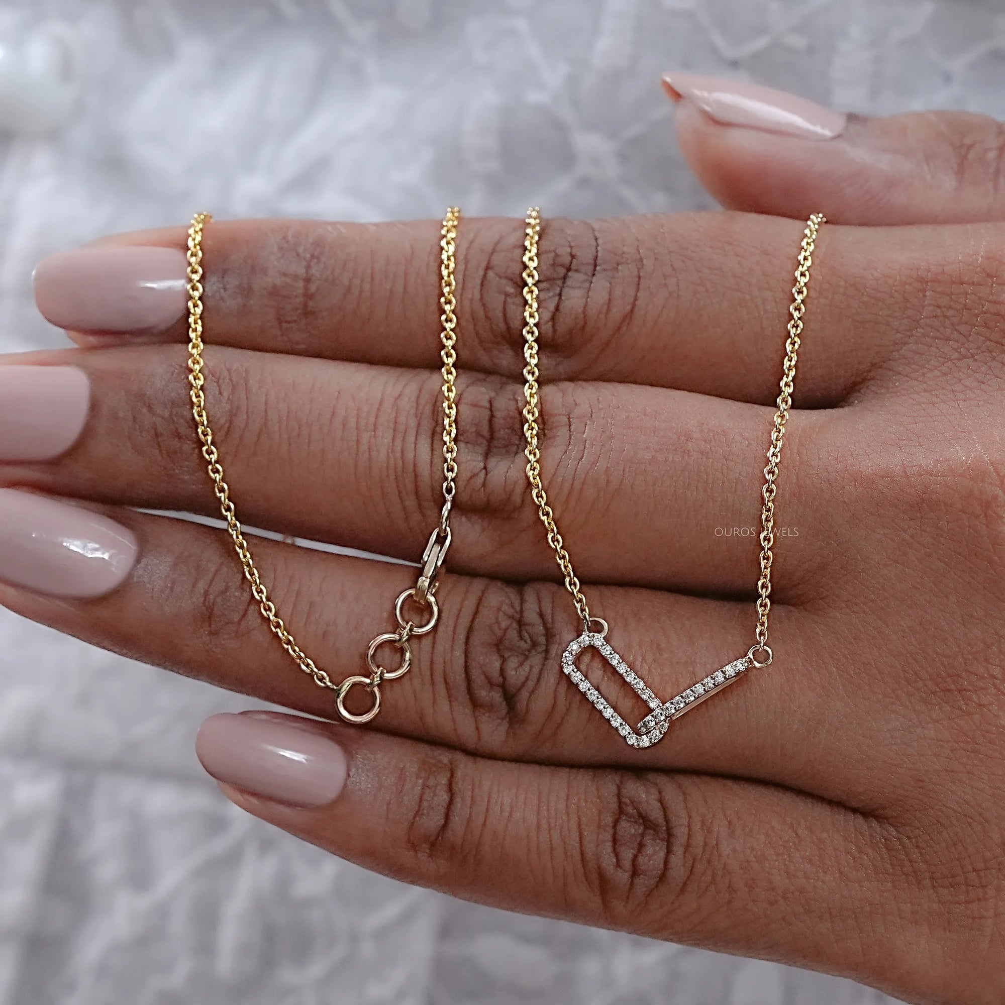 Open Rectangle Round Diamond Paperclip Pendant Necklaces