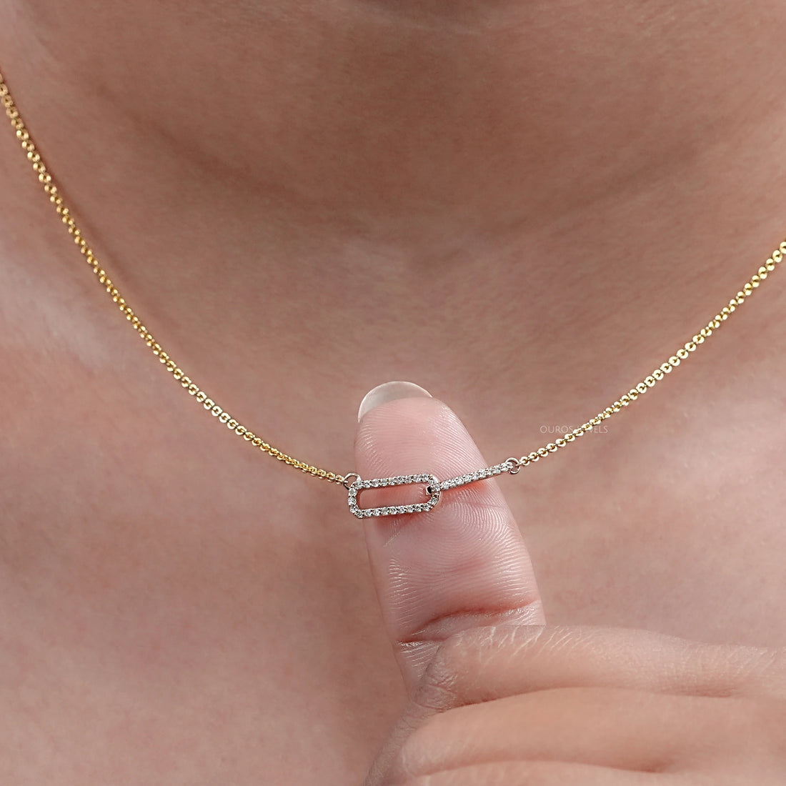 Open Rectangle Round Diamond Paperclip Pendant Necklaces