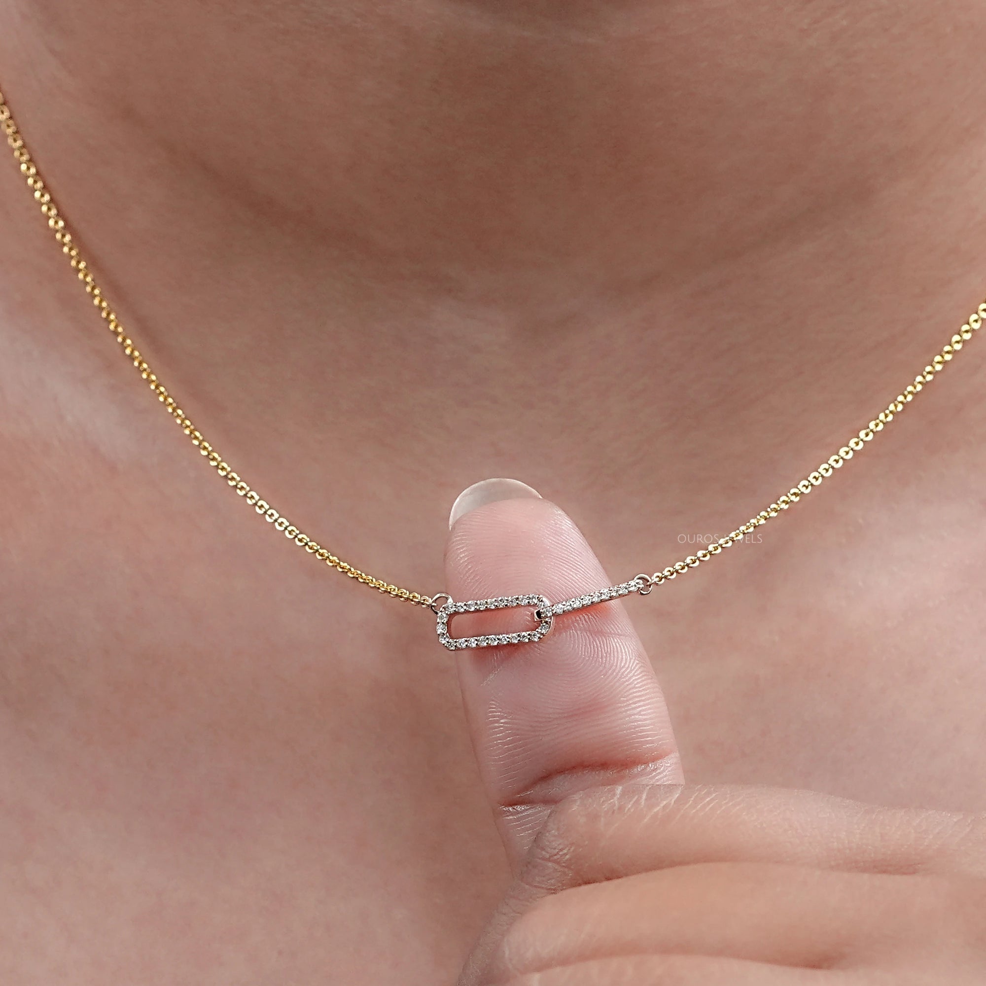 Open Rectangle Round Diamond Paperclip Pendant Necklaces
