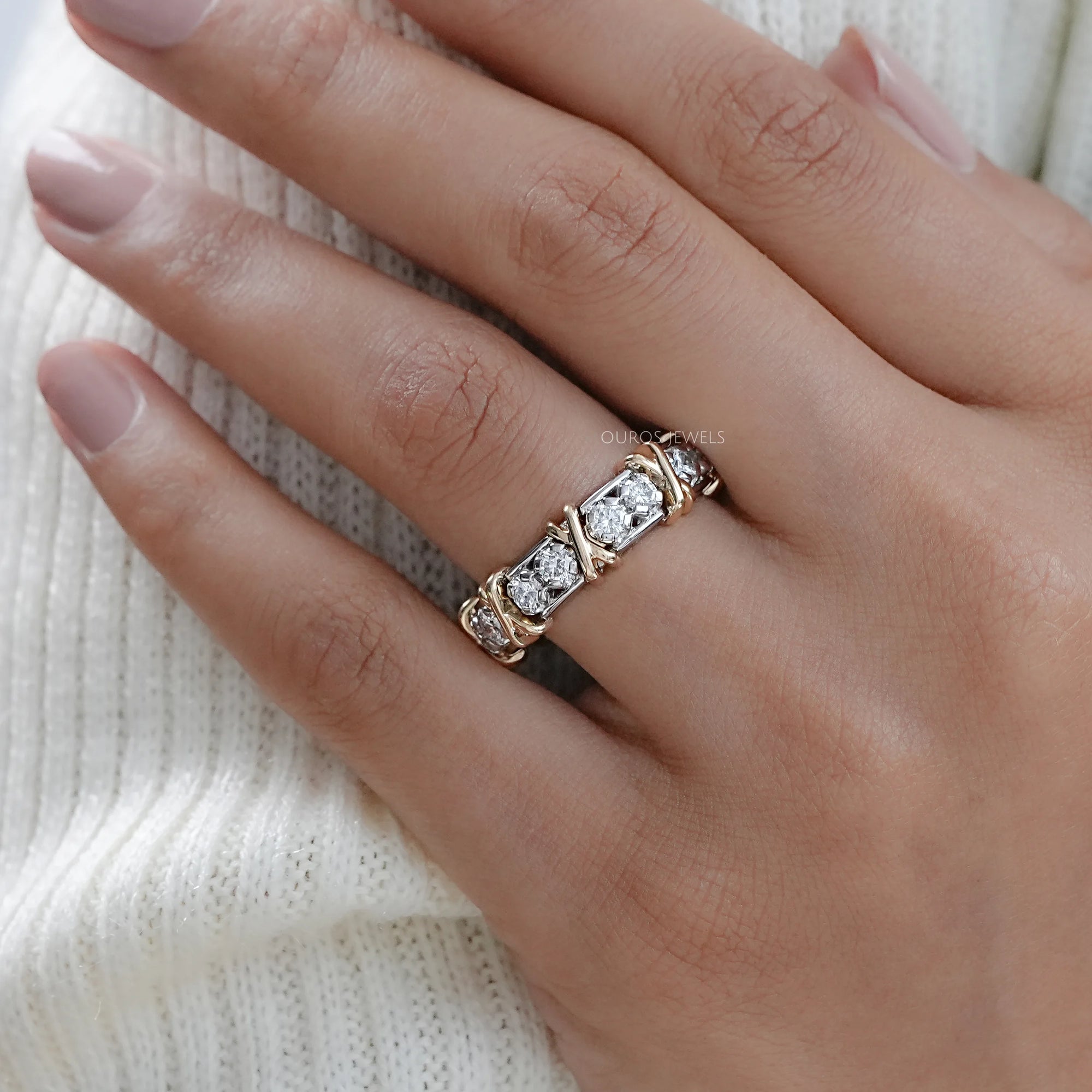Two Tone Round Diamond Crossover Eternity Wedding Band Rings