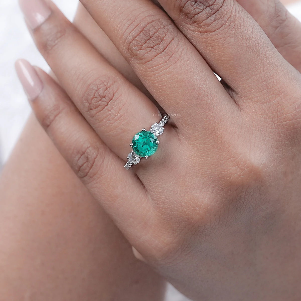 Green Round And Diamond Three Stone Accent Diamond Ring