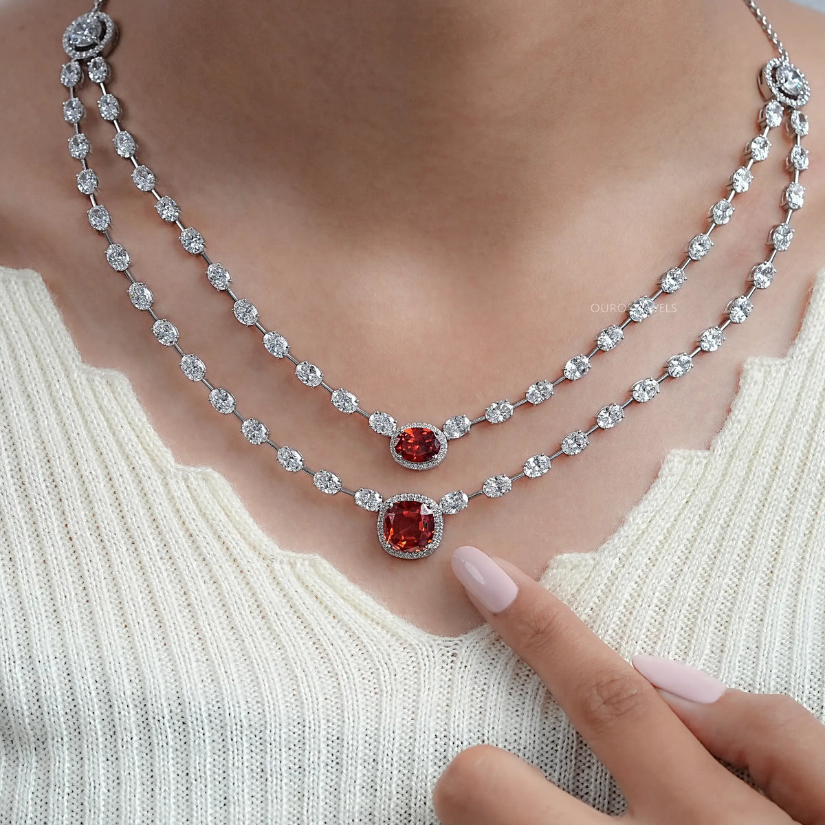 Double Layer Ruby Cushion And Oval Halo Tennis Necklace Necklaces