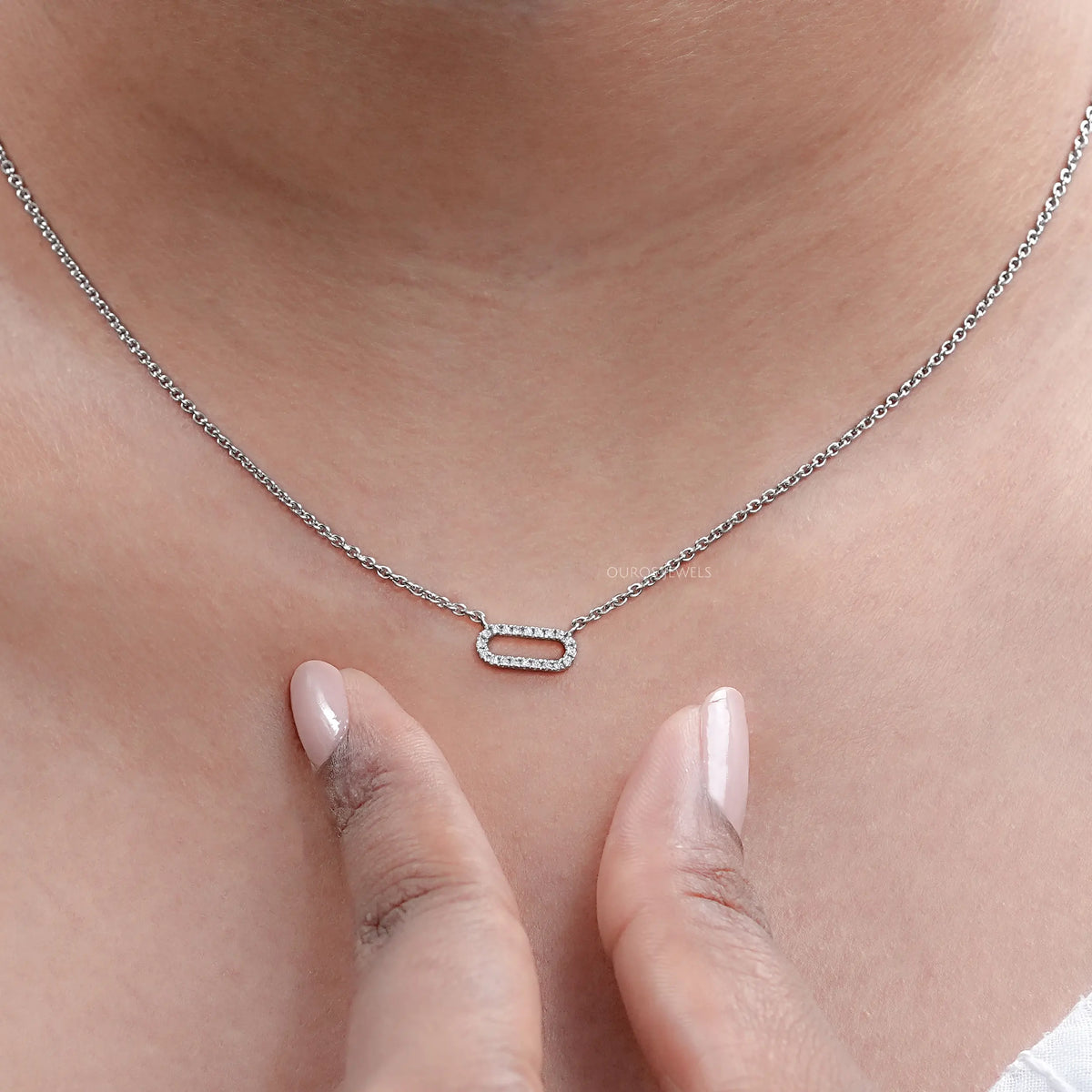 Open Rectangle Round Lab Diamond Link Pendant Necklaces