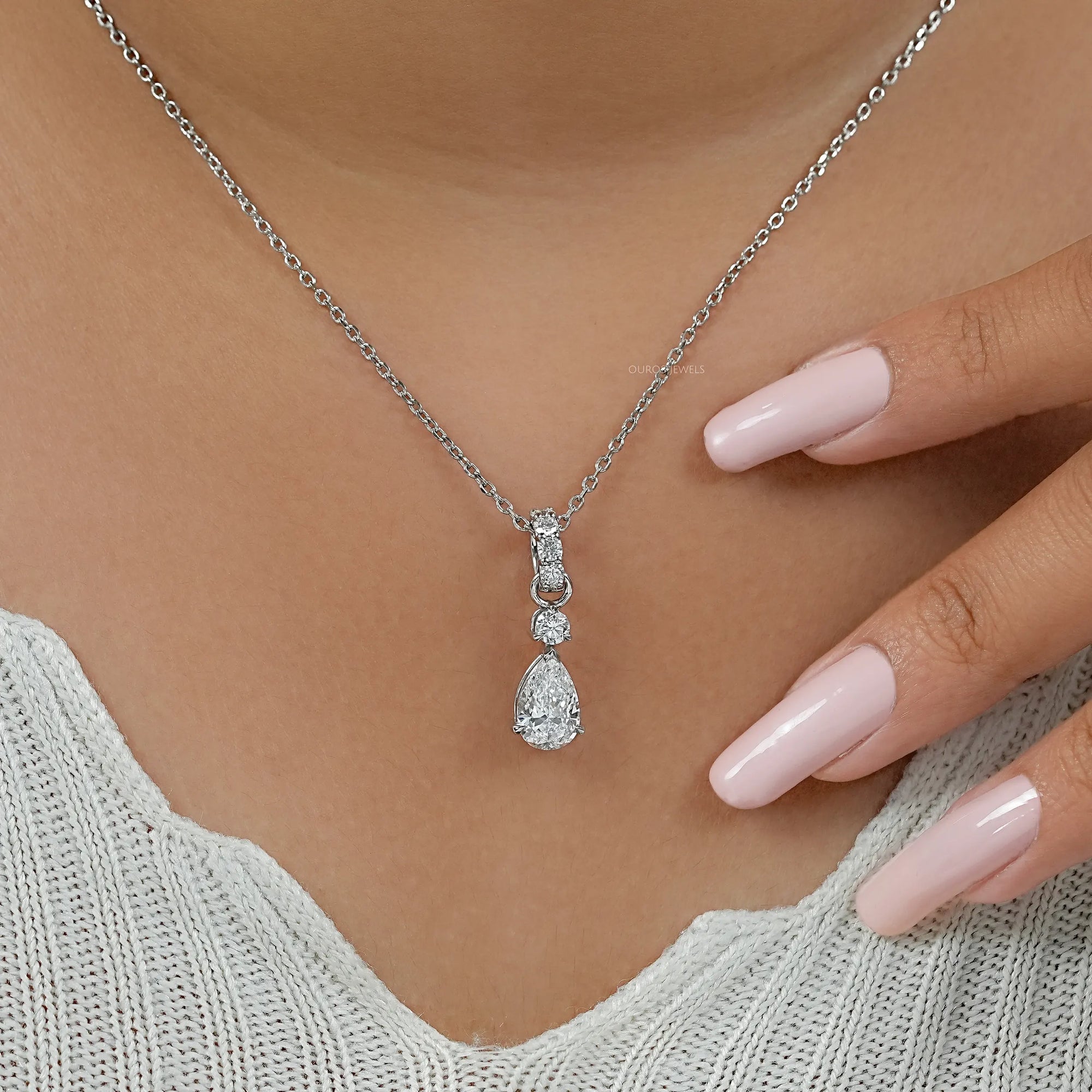 Pear And Round Lab Diamond Drop Pendant Necklaces