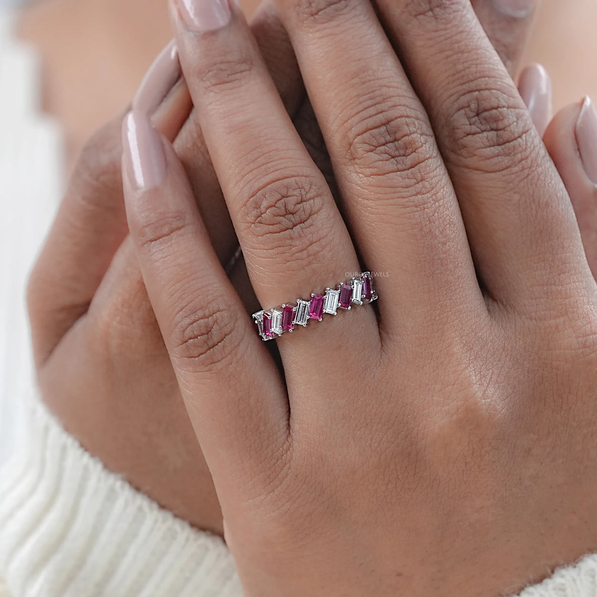 Ruby Baguette Gemstone Half Eternity Wedding Band Rings