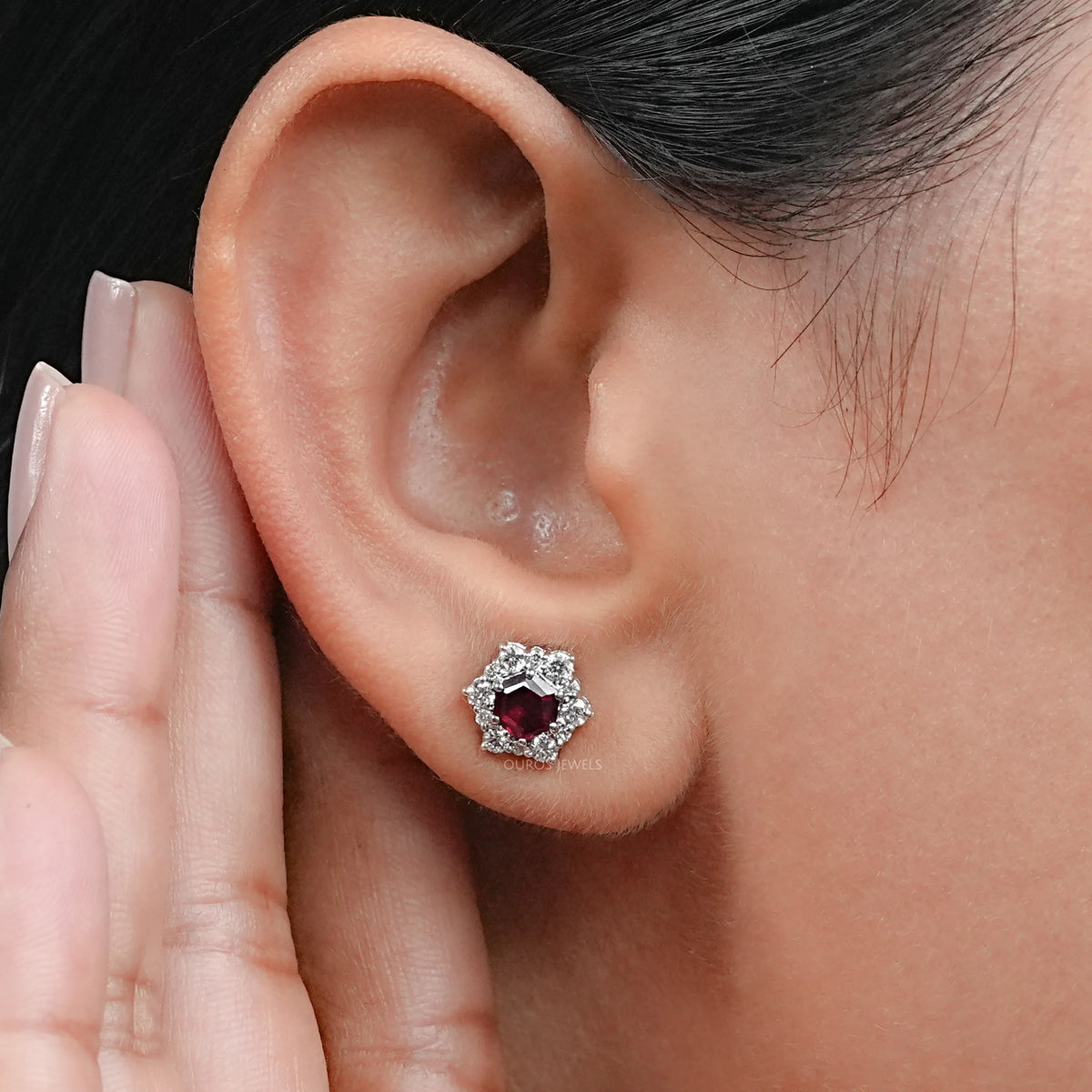 Floral Hexagon Cut Red Ruby Gemstone Cluster Stud Earrings Earring