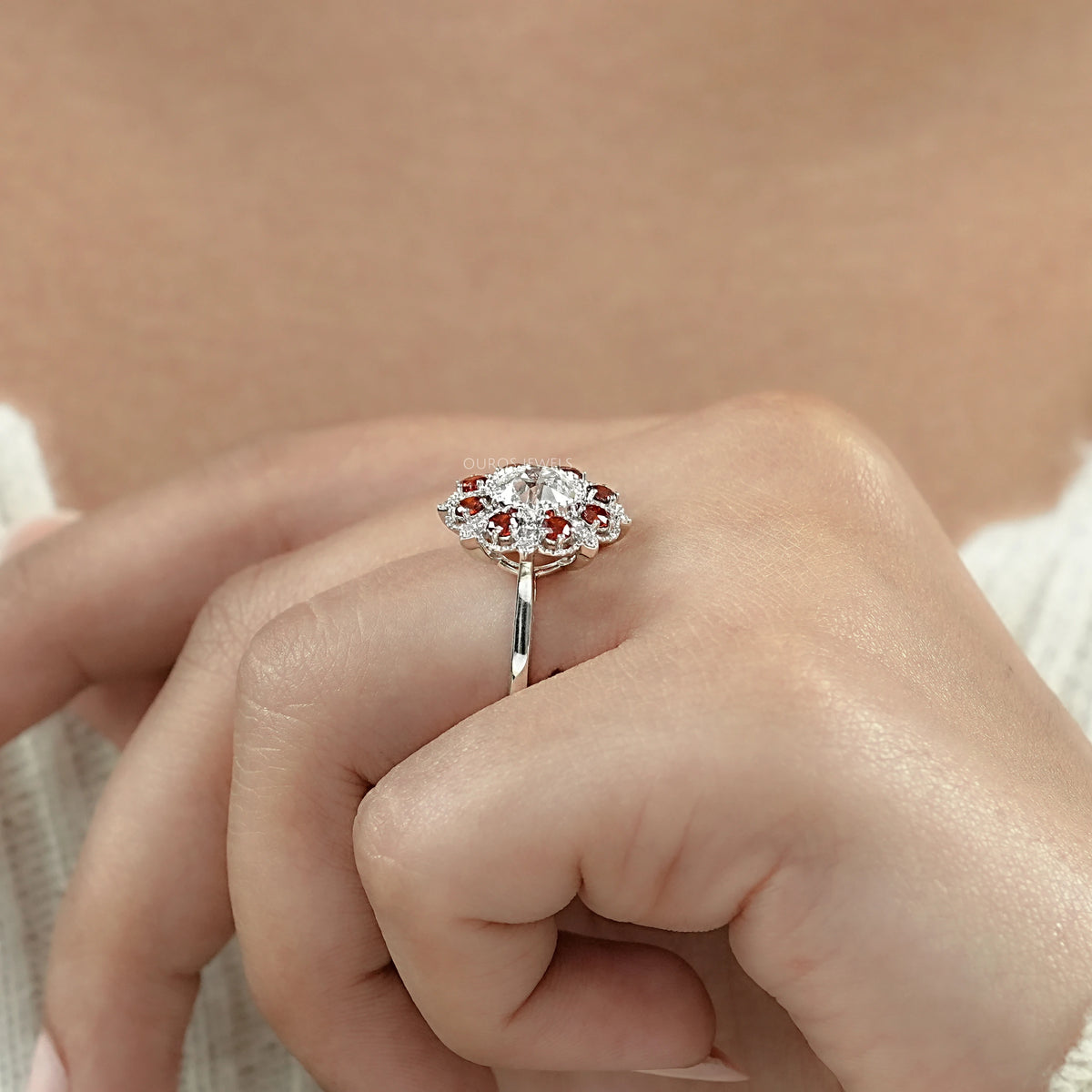 OEC Round Lab Diamond And Ruby Gemstone Halo Ring Rings