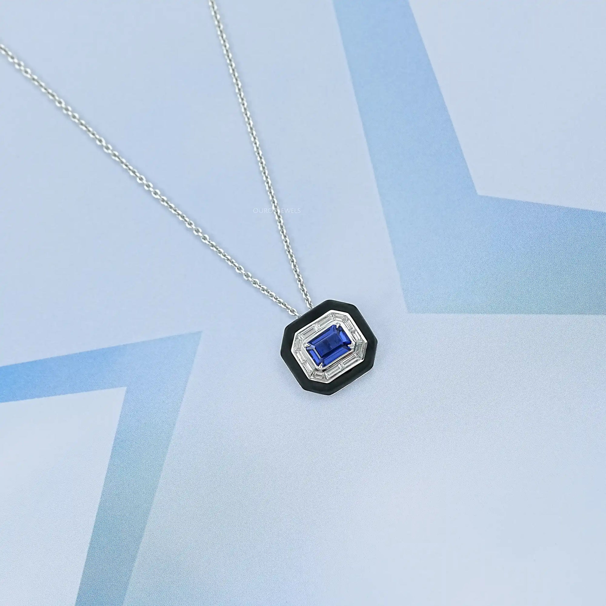 Enamel And Sapphire Gemstone Halo Pendant Necklaces