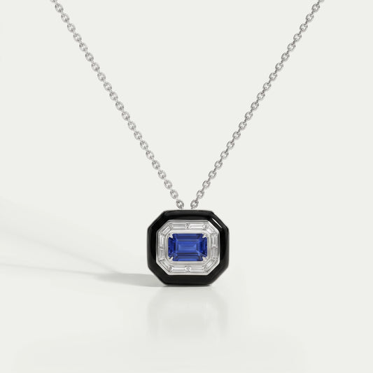 Enamel And Sapphire Gemstone Halo Pendant Necklaces