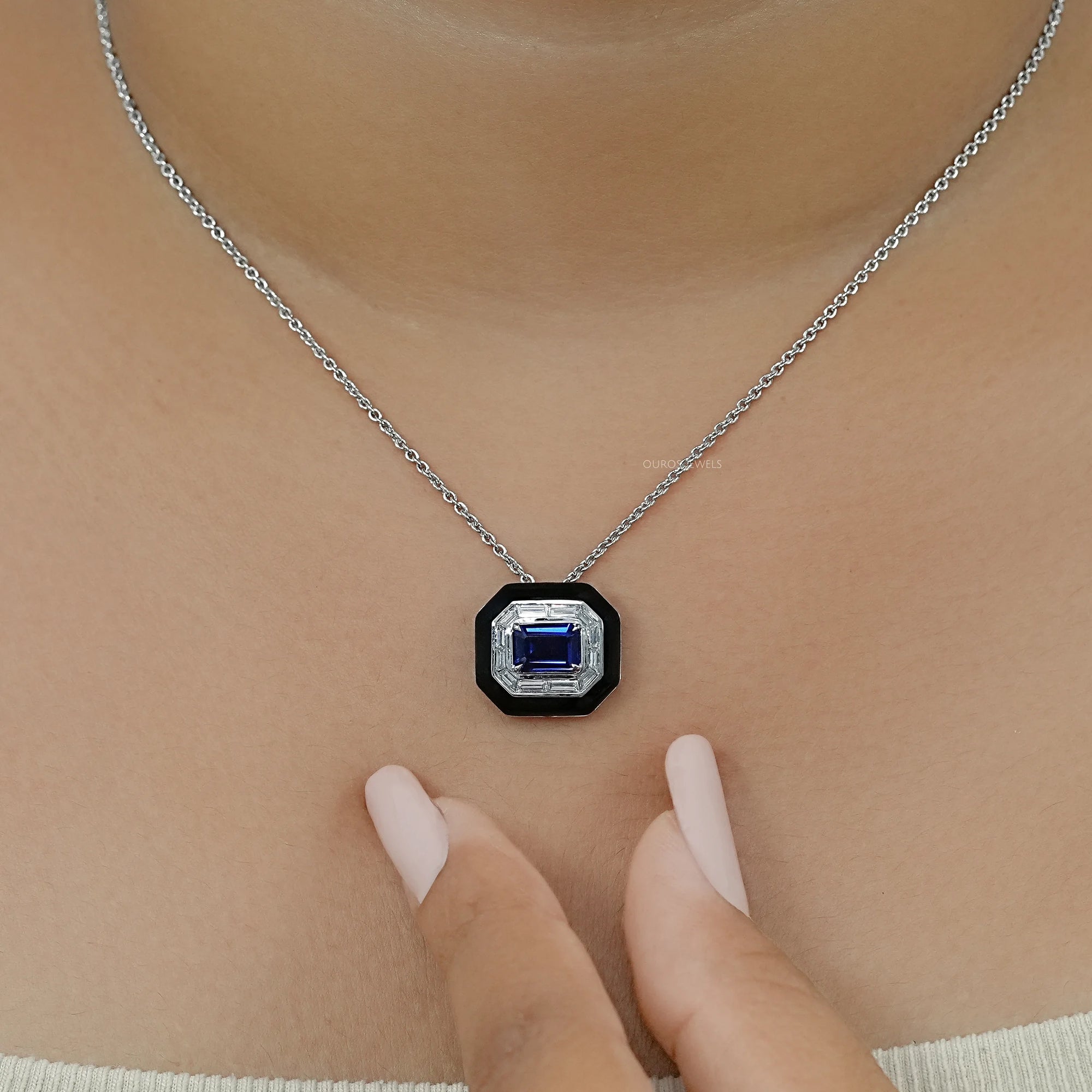 Enamel And Sapphire Gemstone Halo Pendant Necklaces