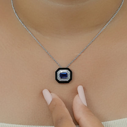 Enamel And Sapphire Gemstone Halo Pendant Necklaces
