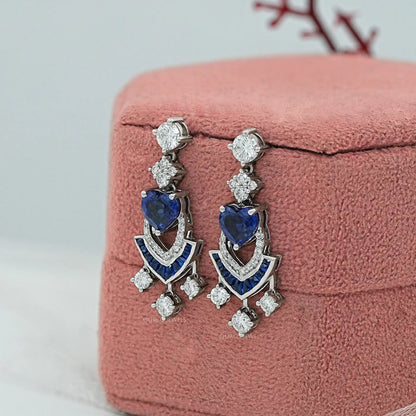 Sapphire Heart And Round Cut Cluster Drop Dangle Earrings Earrings