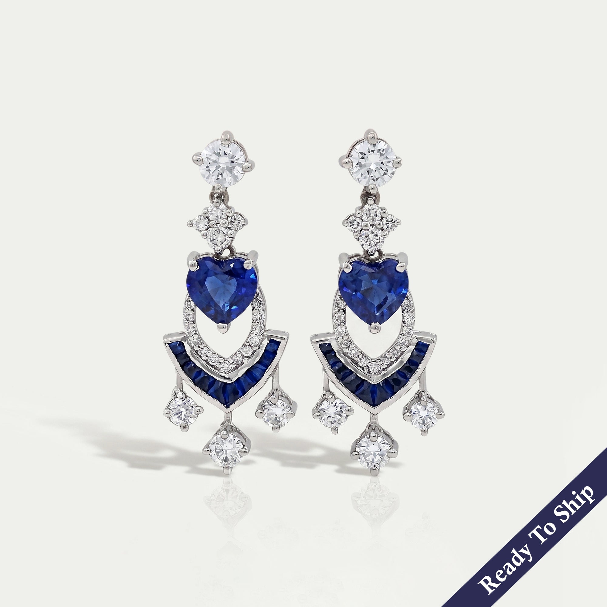 Sapphire Heart And Round Cut Cluster Drop Dangle Earrings Earrings