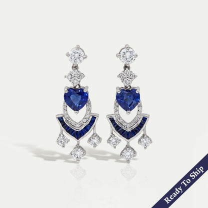 Sapphire Heart And Round Cut Cluster Drop Dangle Earrings Earrings