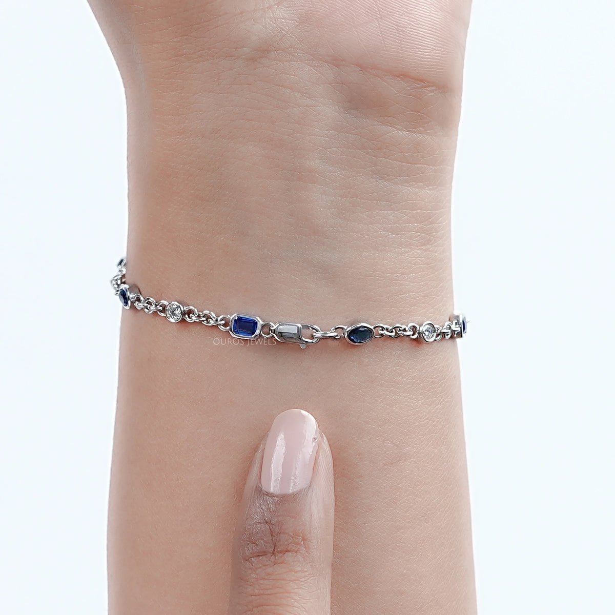 Sapphire Emerald And Oval Gemstone Bezel Set Chain Bracelet