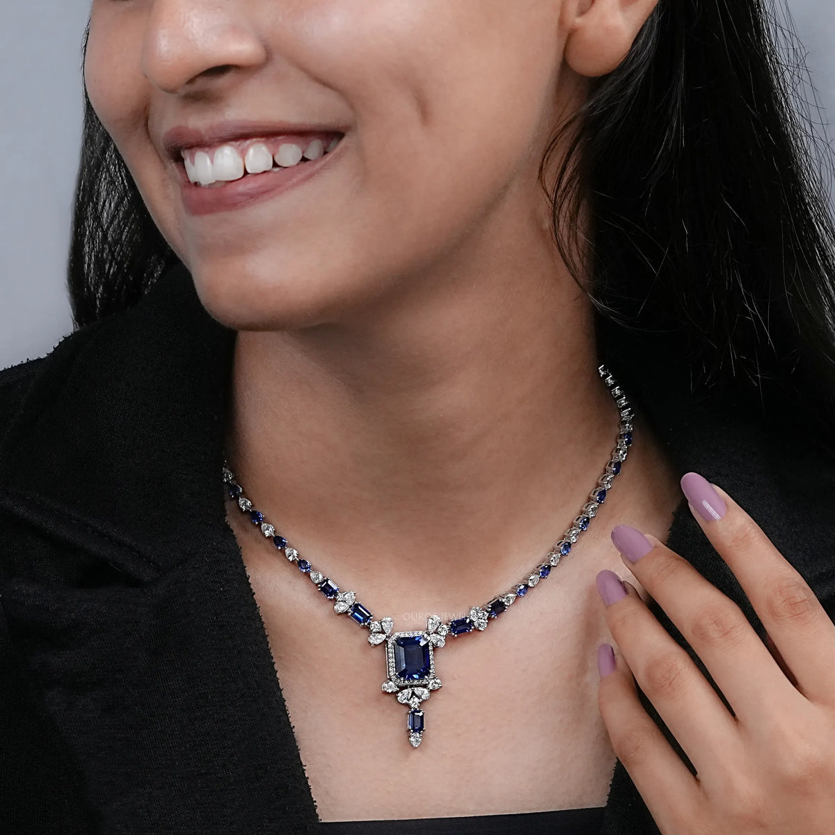 Sapphire Emerald Cut And Diamond Necklace Necklaces