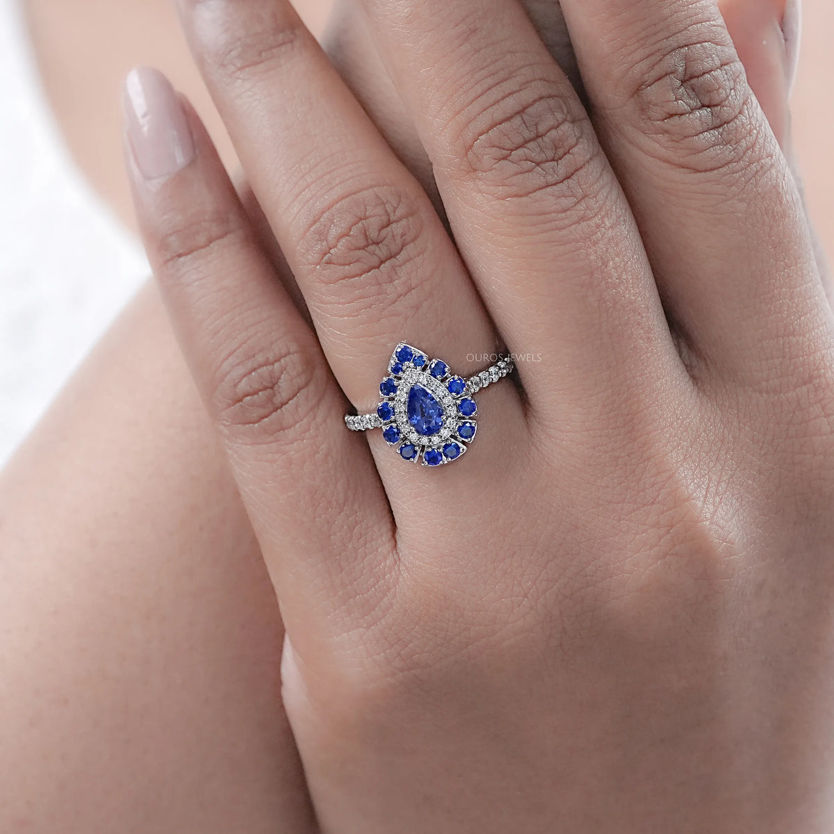 Blue Pear And Round Cut Double Halo Solitaire Accent Ring