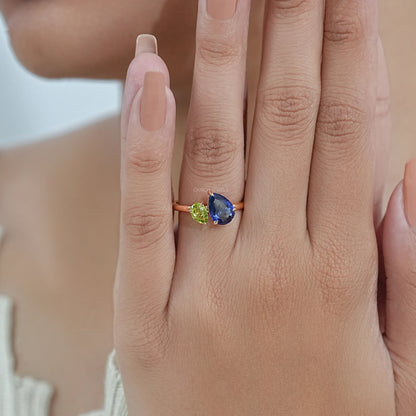 Sapphire And Green Pear Gemstone Toi Et Moi Ring