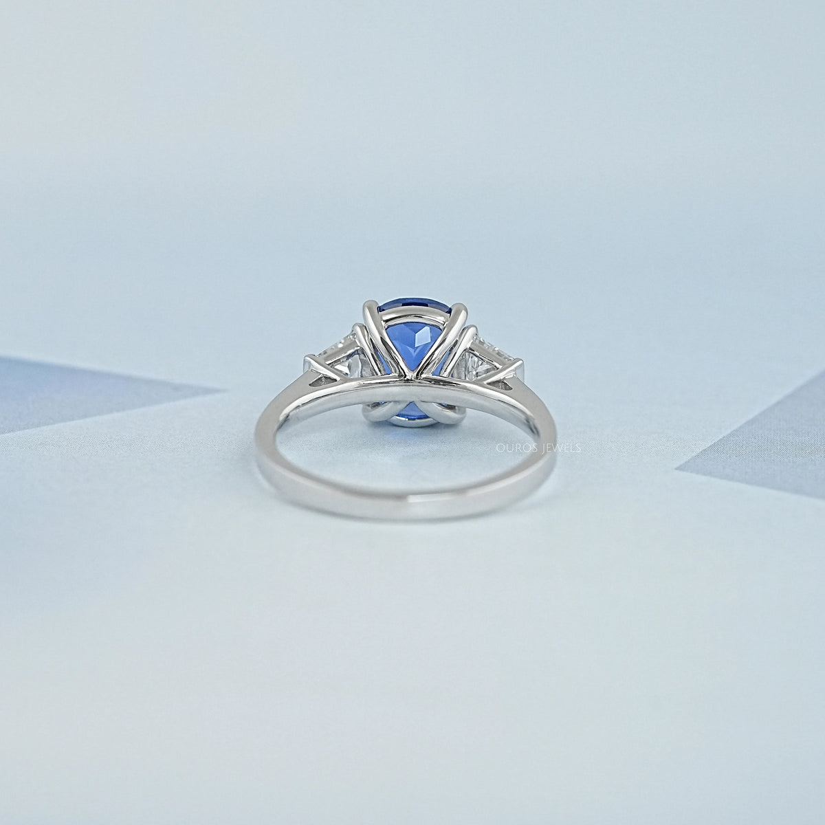 Sapphire Cushion Gemstone With Trapezoid Diamond Ring Rings