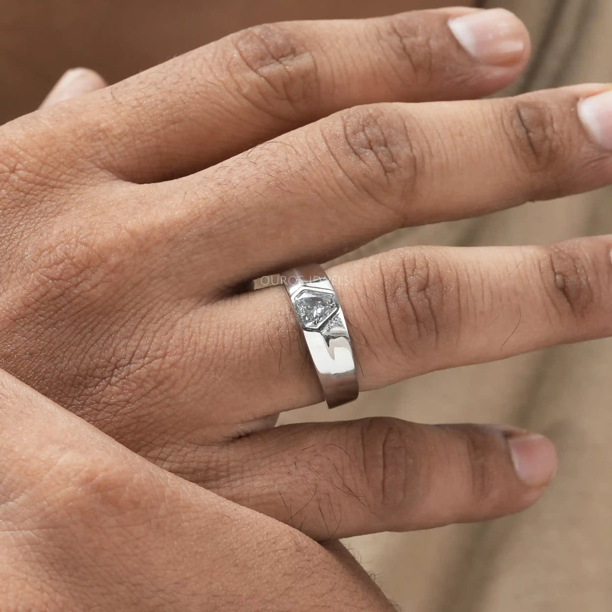Shield Cut Lab Grown Diamond Solitaire Mens Wedding Band