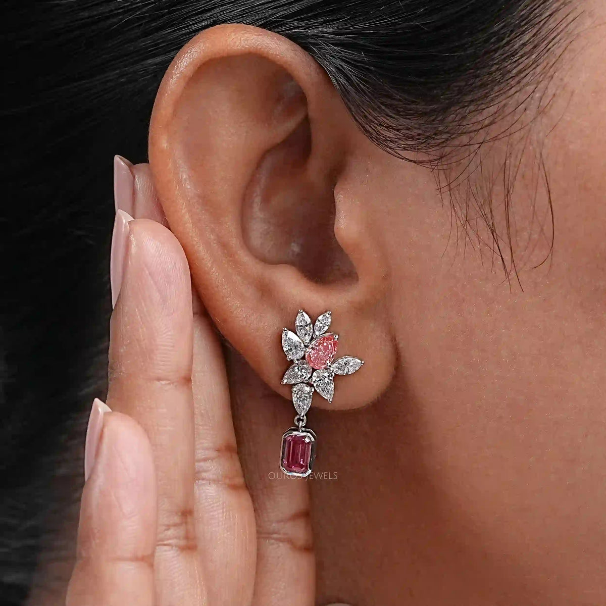 Cluster Drop Earrings With Pink & White Diamonds Earring