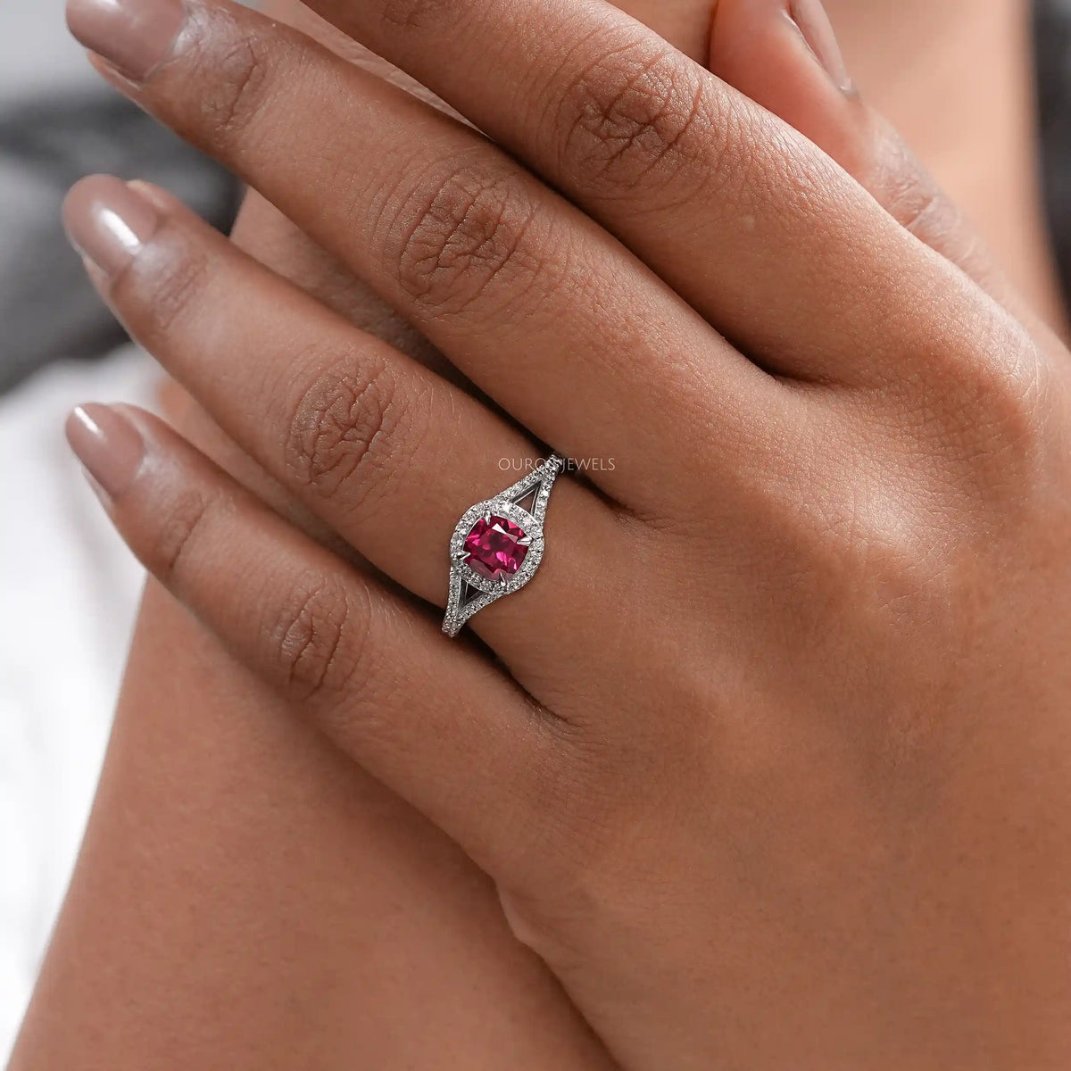 Ruby Cushion Gemstone Split Shank Halo Ring