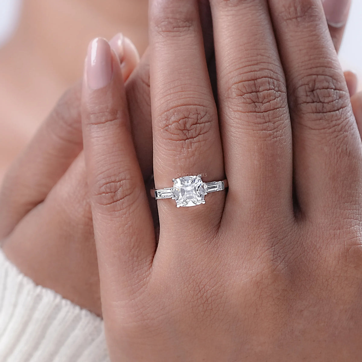 Square Old Mine Cushion Cut Lab Diamond Three Stone Ring Ring