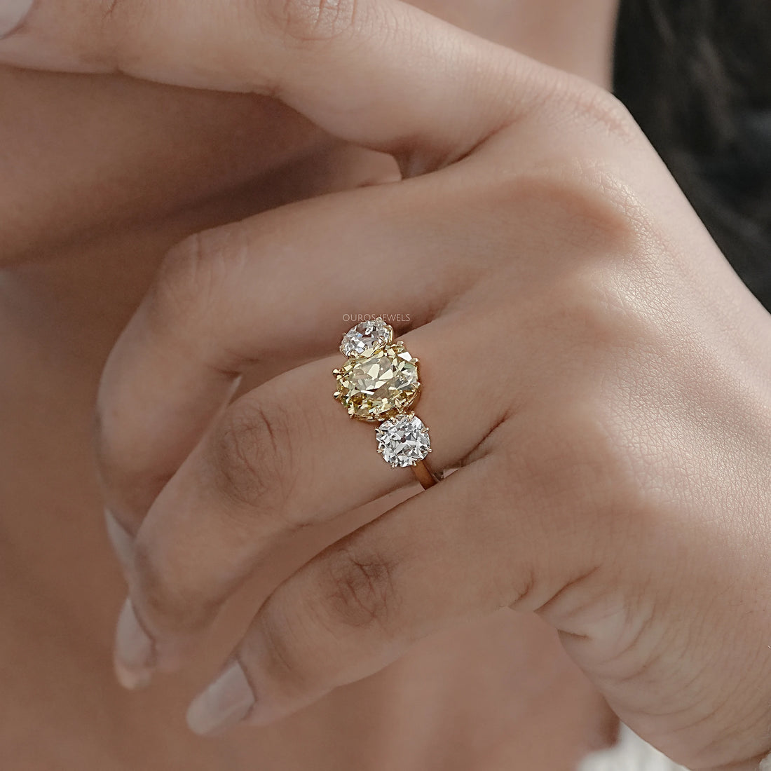 Fancy Yellow Old Mine Cushion Diamond Three Stone Ring Rings
