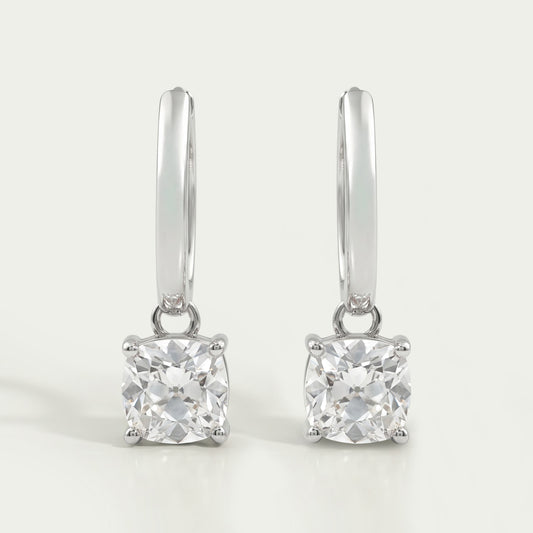 Square Old Mine Cushion Diamond Dangle Hoop Earrings