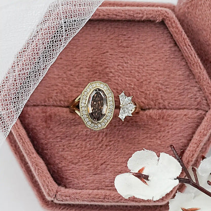 Champagne Step Cut Oval Diamond Halo Open Ring