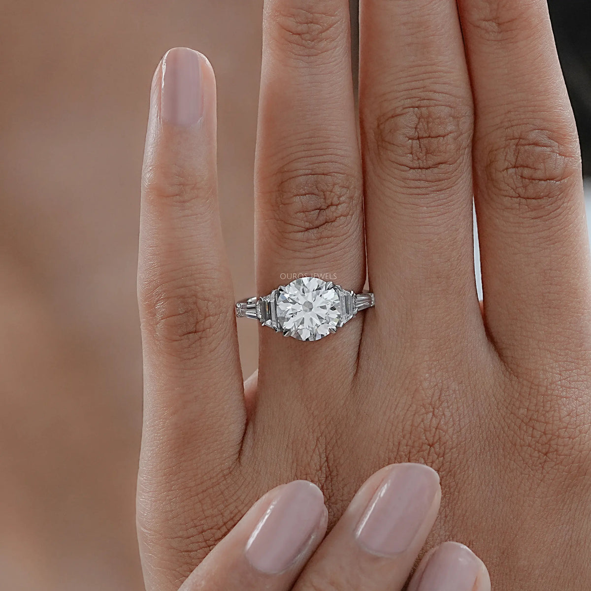 Round And Trapezoid Lab Diamond Five Stone Engagement Ring Rings