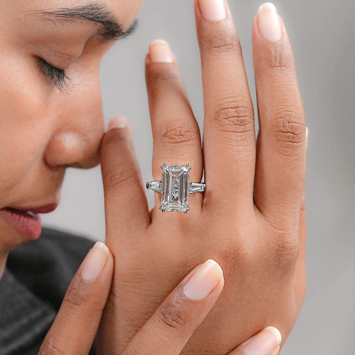 Emerald Three Stone Engagement Ring - Tapered Baguette Rings