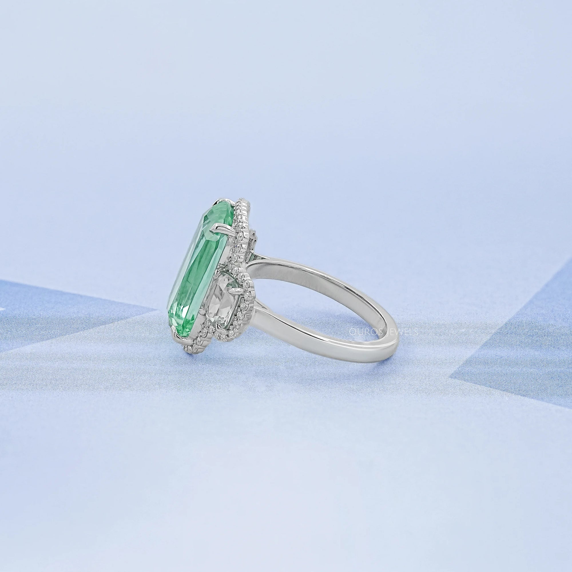 Trilogy Mint Green Cushion Gemstone Halo Ring