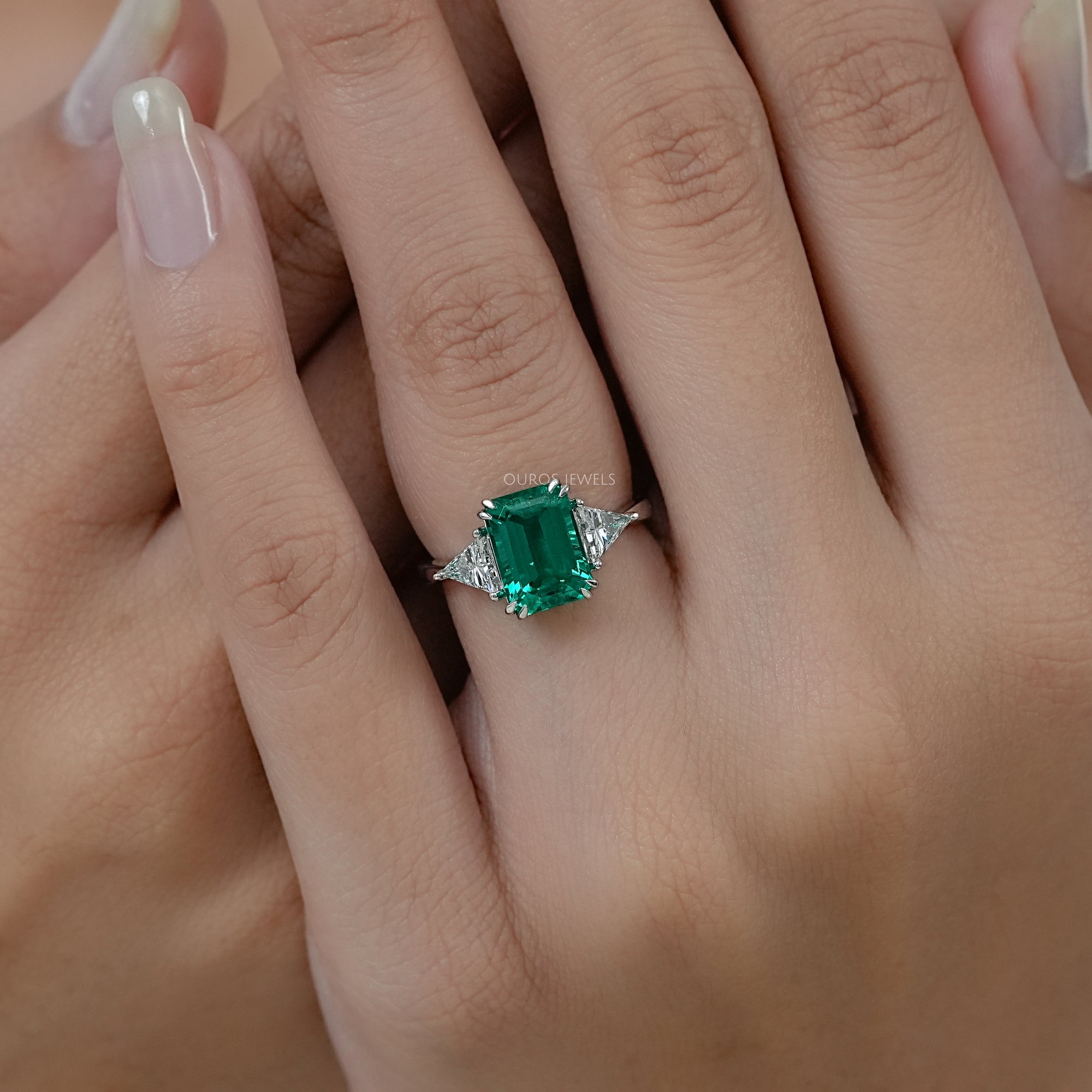 Emerald And Triangle Cut Trio Engagement Ring