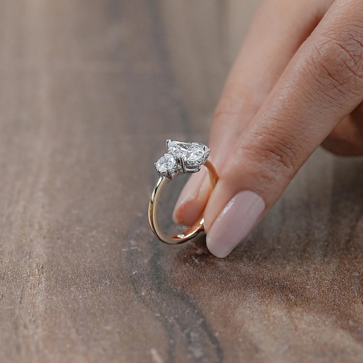 Three Stone Pear Diamond Hidden Halo Engagement Ring Rings